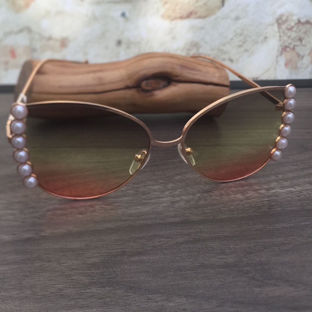 New Chic Fashion Cat Eye Pearl Bling Embellished Gradient Lend Sunglasses